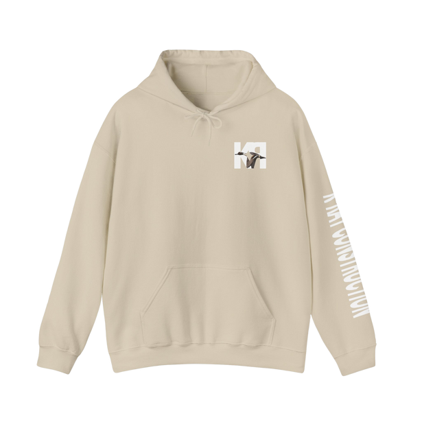 a beige, sand hooded sweatshirt with K-RAY CONSTRUCTION logo on the front and left arm sleeve
