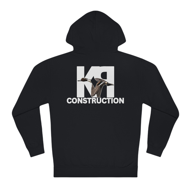 a  black color, hooded sweatshirt by independent trading company with the K-RAY CONSTRUCTION logo on the back