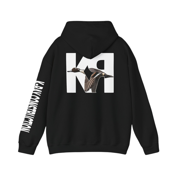 a Black color, hooded sweatshirt with the K-RAY CONSTRUCTION logo on the back and left arm sleeve