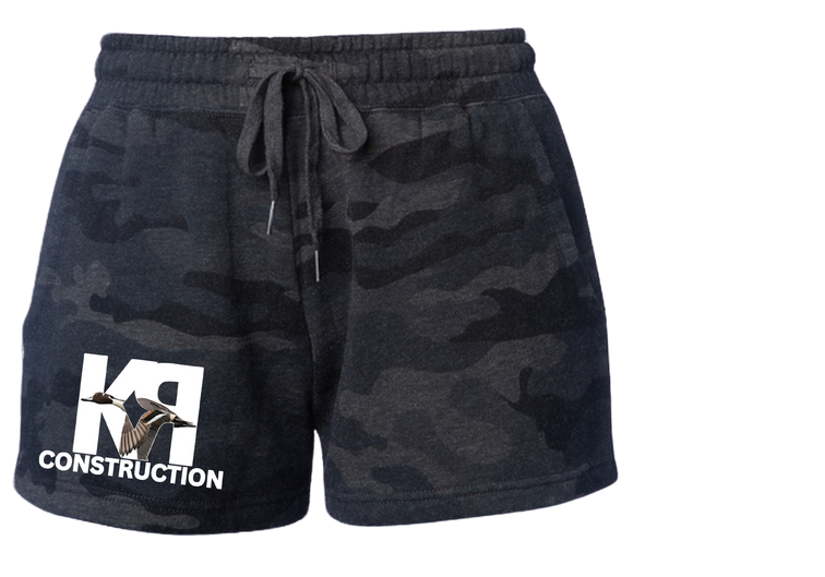 Black Camo color Fleece lined Sweatshorts by Independent Trading Company with the K-RAY CONSTRUCTION logo on the right leg.