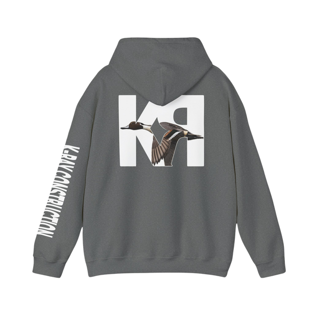 a graphite heather grey color, hooded sweatshirt with the K-RAY CONSTRUCTION logo on the back and left arm sleeve