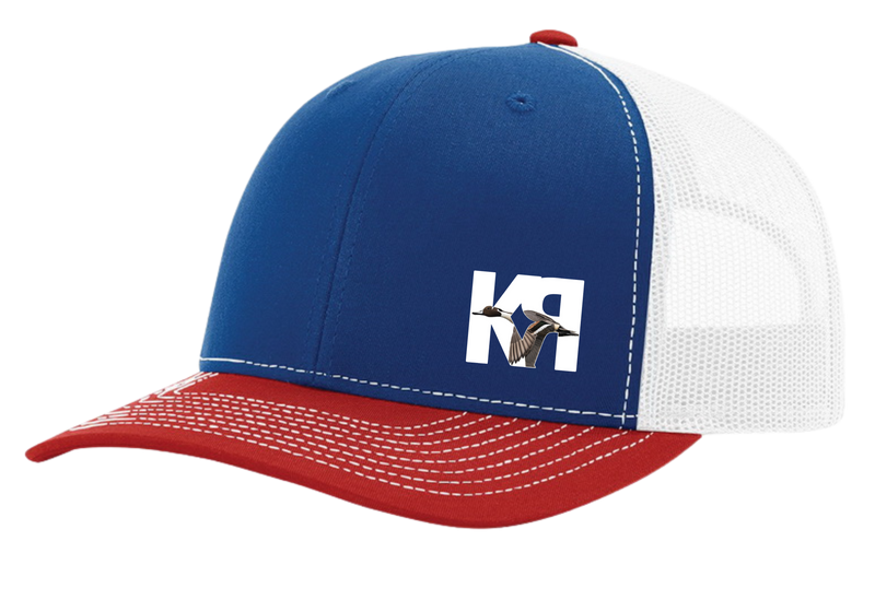 Royal Blue, White, and Red color Richardson Snapback Hat with K-RAY CONSTRUCTION logo patch on left side