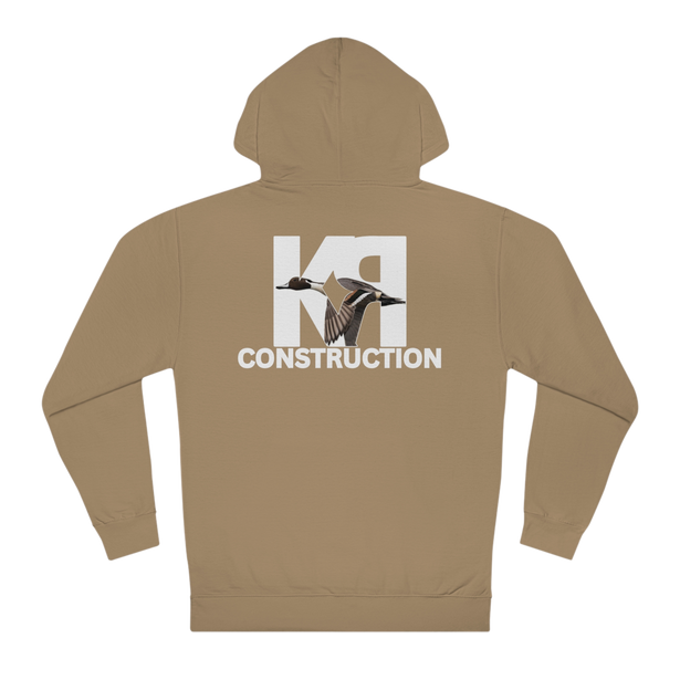a  tan, Sandstone color, hooded sweatshirt by independent trading company with the K-RAY CONSTRUCTION logo on the back