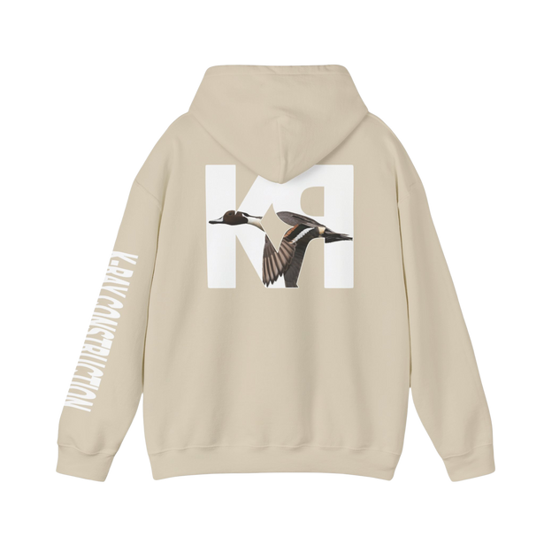 a beige, sand color, hooded sweatshirt with an the K-RAY CONSTRUCTION logo on the back and left arm sleeve