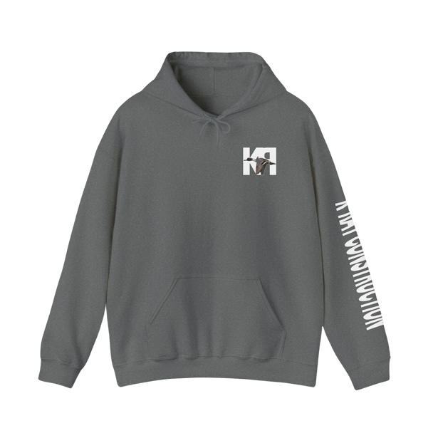 a graphite heather grey color, hooded sweatshirt with the K-RAY CONSTRUCTION logo on the front and left arm sleeve